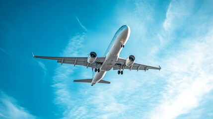 Obraz premium A large commercial jet flying through a clear blue sky, with contrails trailing behind it 