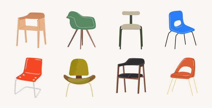 Set of modern chair designs vector illustration. Mid century modern furniture. 