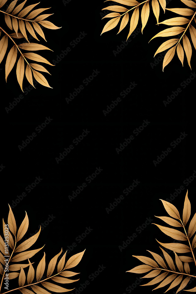 Poster tropical leaves in gold colors arranged on a black space background create a unique abstract leaf de