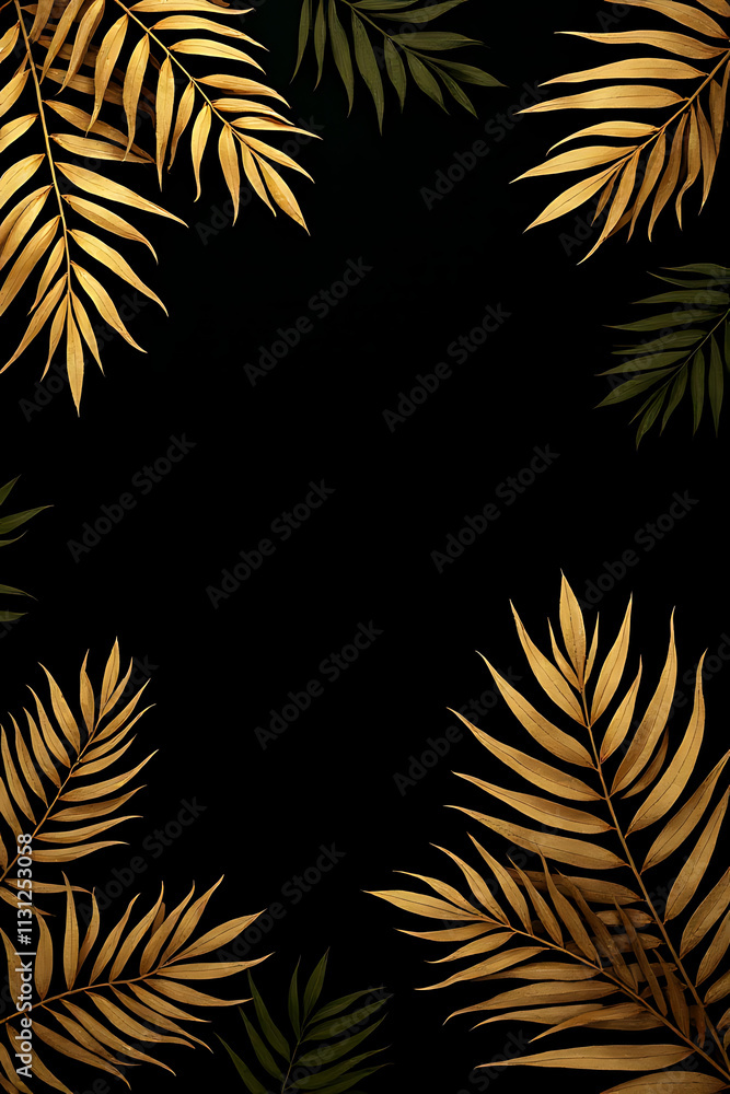 Poster tropical leaves in gold colors arranged on a black space background create a unique abstract leaf de