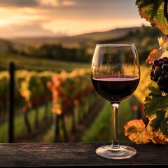 Pinotage red wine with a glass on a table with a vineyard background blurred out