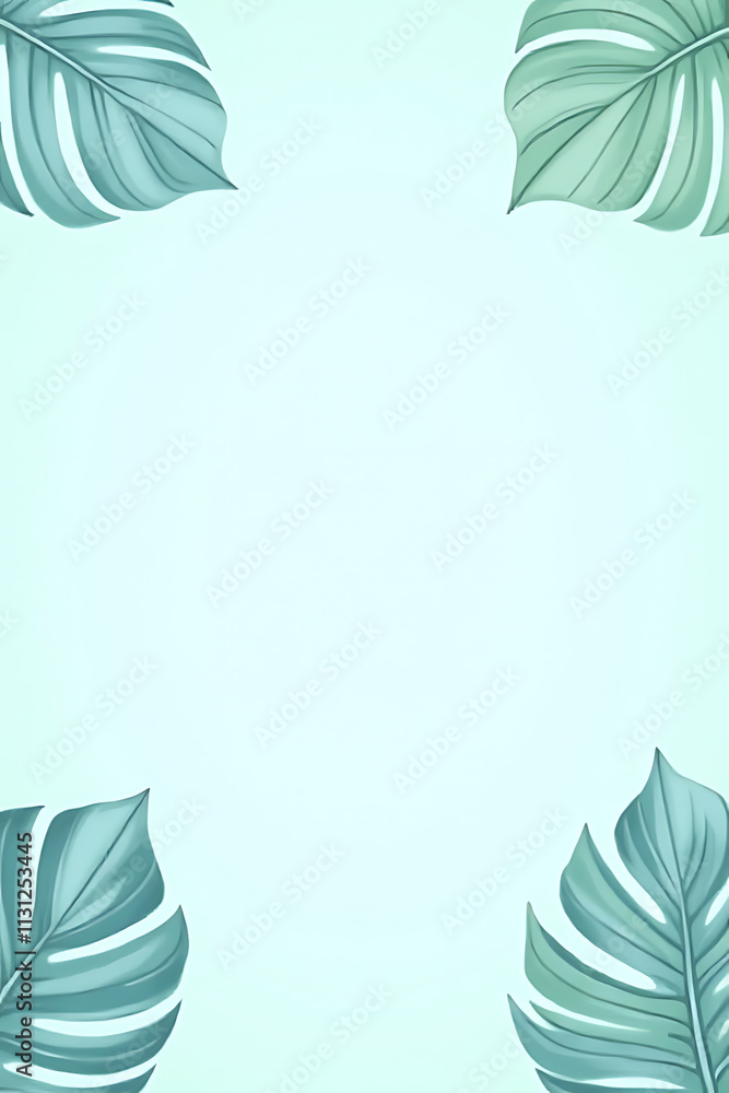 Poster tropical leaf banners in a light blue pastel color create a simple and creative design with leaf col