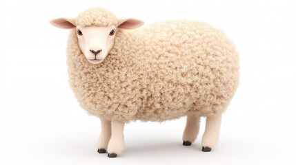 Fototapeta premium A fluffy sheep stands on a white background, showcasing its thick wool and gentle features.