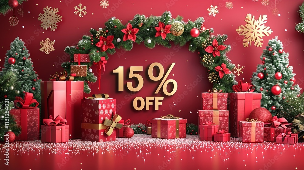 Poster festive shopping is occurring in this 3d winter scene consisting of snowflakes and presents over red