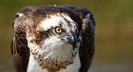 Close-up of an ospreys head and shoulders. Its intense yellow eyes and detailed brown and white feathers are clearly visible. 