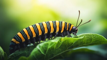 Naklejka premium Striped caterpillar on green leaf, nature's beauty.