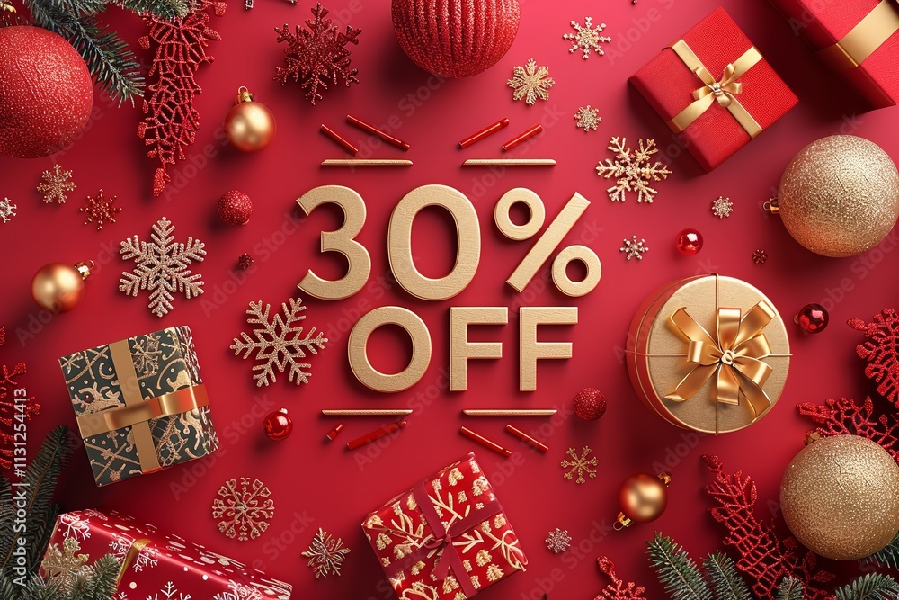 Poster festive shopping is occurring in this 3d winter scene consisting of snowflakes and presents over red