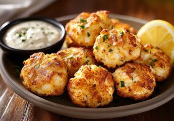 Fototapeta premium Freshly Baked Golden Brown Seafood Fritters with Dipping Sauce and Lemon Slices on a Rustic Wooden Table, Perfect for Culinary Photography
