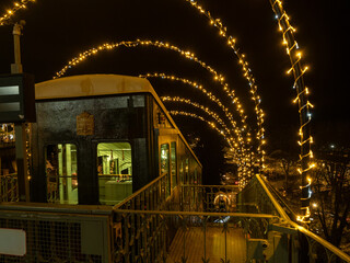 Funicular de Pau (France) adorned with christmas lights. French Pyrenees at Christmas.