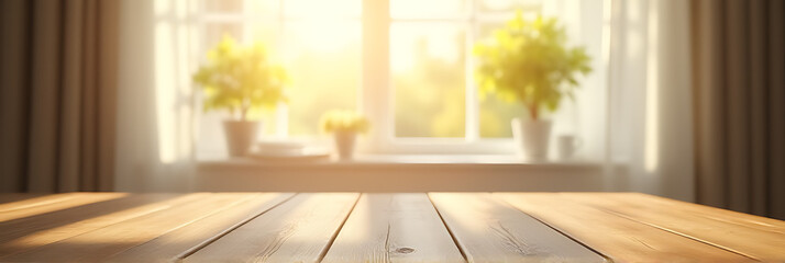 The wooden tabletop is bare against a backdrop of blurred curtains in a room bathed in warm sunlight._00002_