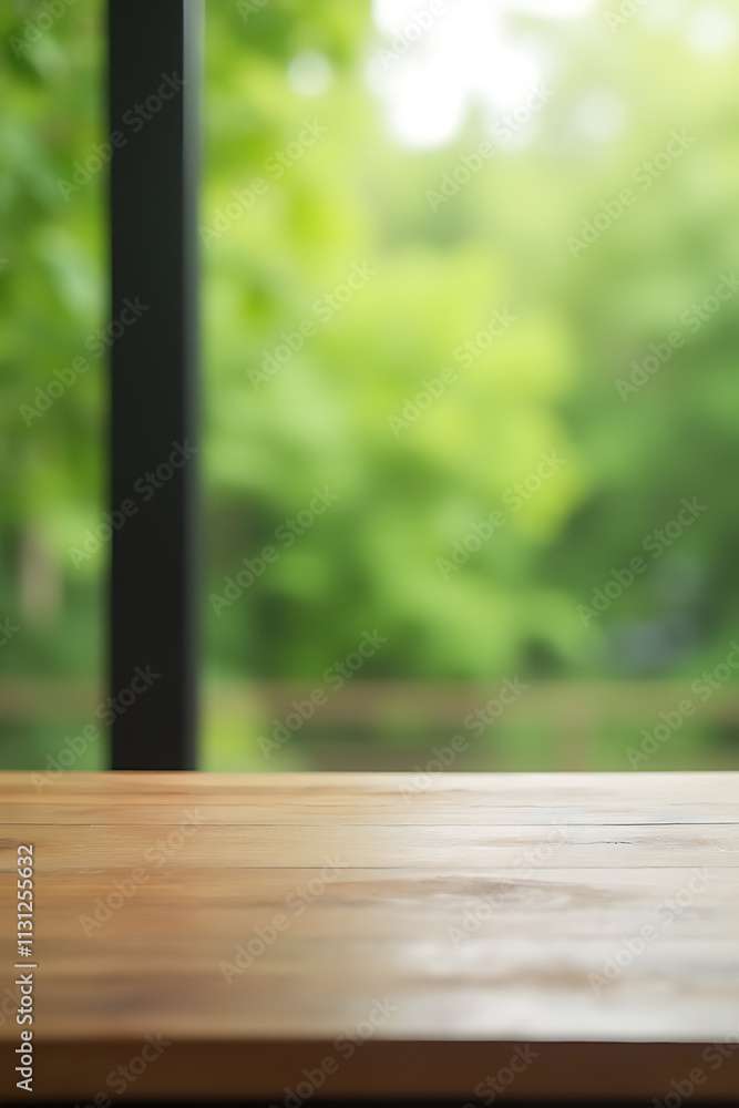 Poster The wood table top blends with a blur of window glass and an abstract green from the garden background._00003_
