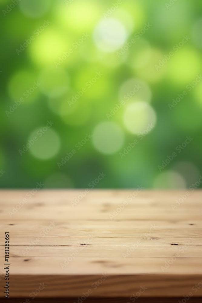 Aufkleber The wood table top blends with a blur of window glass and an abstract green from the garden background._00002_
