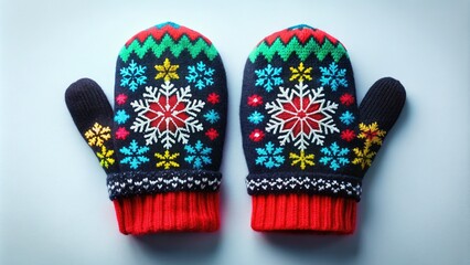 A striking black silhouette of mittens and gloves featuring a snowflake pattern against a crisp white background, perfect for showcasing winter accessories in photography.