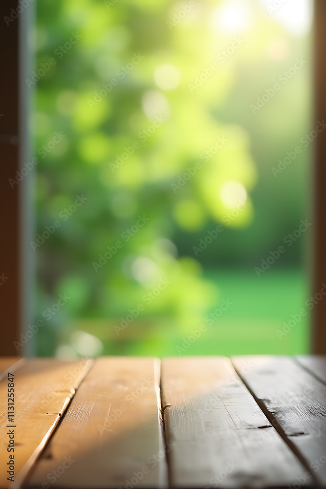 Poster The wood table top blends with a blur of window glass and an abstract green from the garden background._00001_