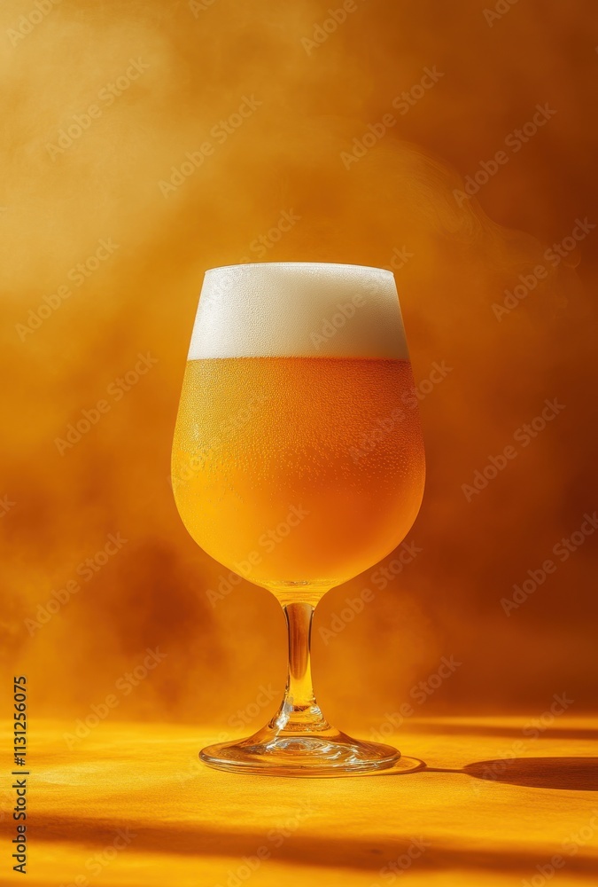Aufkleber glowing glass of craft beer with frothy head captured against a warm orange background creating a re