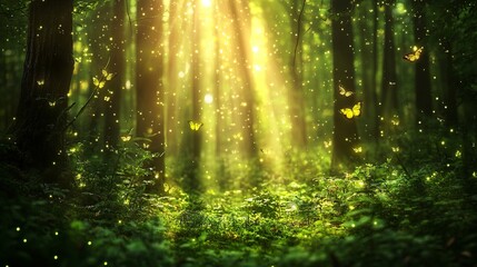 Obraz premium blurry green nature forest landscape background with sunlight flare, blurred bokeh natural backdrop.