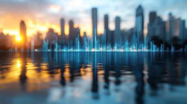 Sunset Cityscape Reflection with Digital Data Overlay - Powered by Adobe