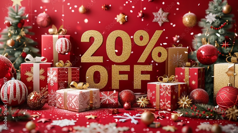 Poster festive shopping is occurring in this 3d winter scene consisting of snowflakes and presents over red