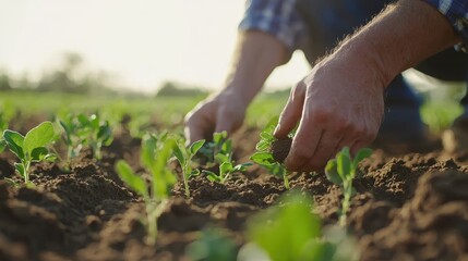 Farmer Planting Seeds in Healthy Soil During Bright Sunny Day in Agricultural Field with Young Sprouts