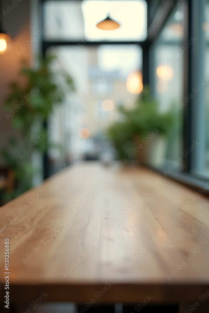 Poster The selective focus is on the top of a wooden table with blurred window glass in the background._00004_