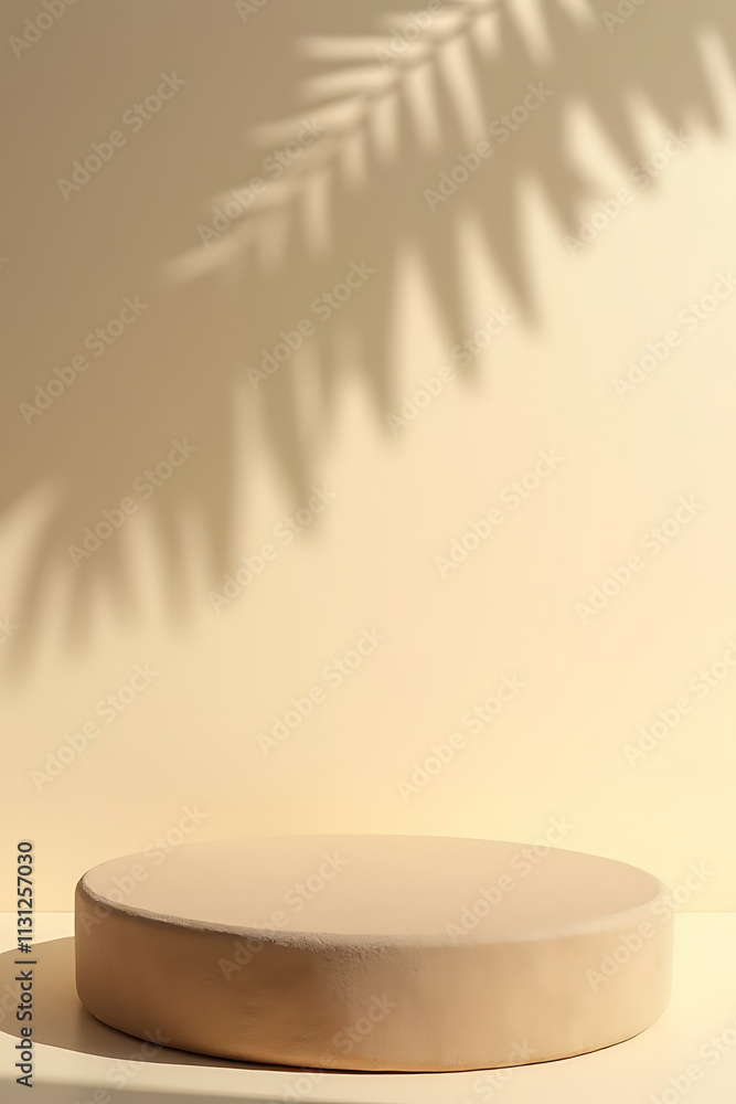 Poster the sandstone topped display platform features a tropical design with a shadow of a palm leaf on a b