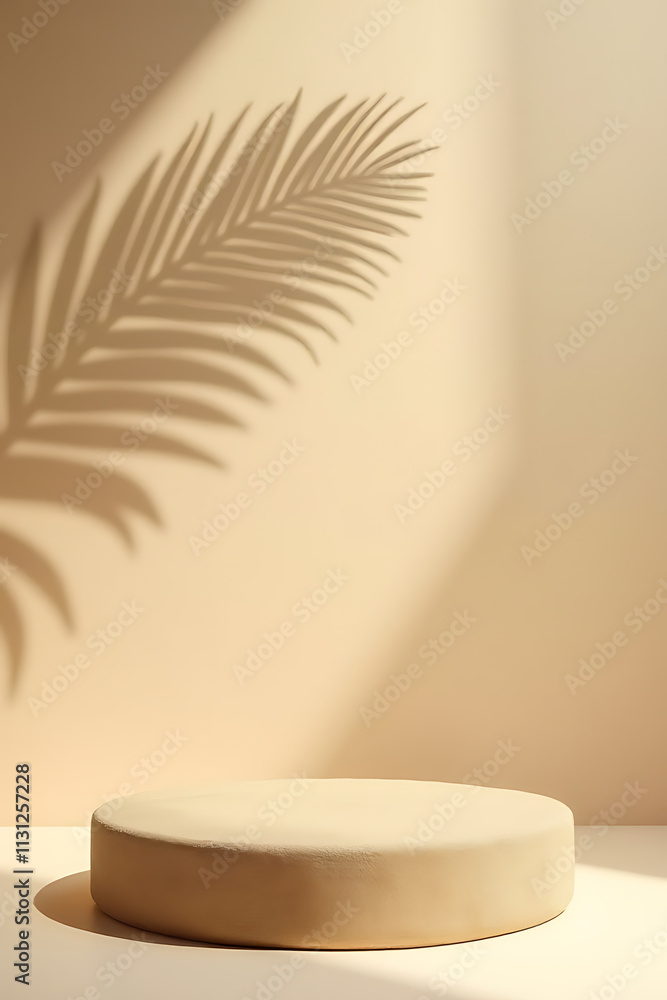 Poster the sandstone topped display platform features a tropical design with a shadow of a palm leaf on a b