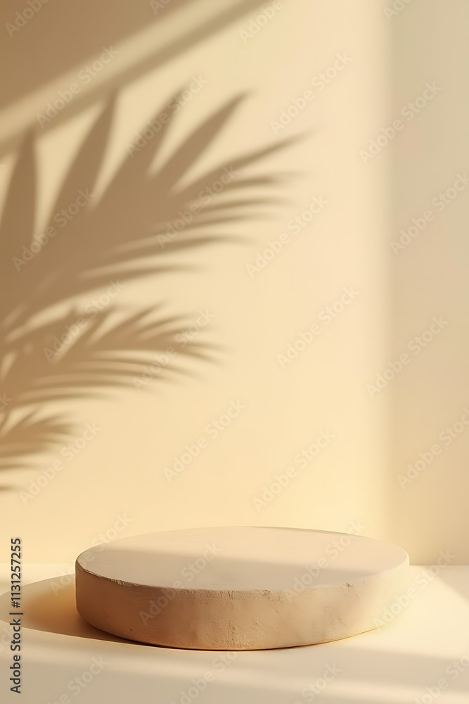 Poster the sandstone topped display platform features a tropical design with a shadow of a palm leaf on a b