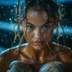 Powerful female boxer in the ring