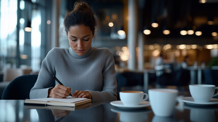 Fototapeta premium Businesswoman Writing Notes in a Modern Office Cafe