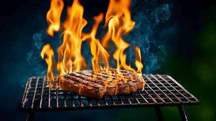 A juicy steak sizzles on a grill, engulfed in flames, creating an enticing and dramatic cooking scene.