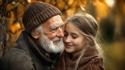 Fototapeta premium Grandfather and granddaughter: an image on the theme of old age and youth, family, love, generational change, the transience of time. Old age, youth, family values
