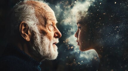 Grandfather and granddaughter: an image on the theme of old age and youth, family, love, generational change, the transience of time. Old age, youth, family values