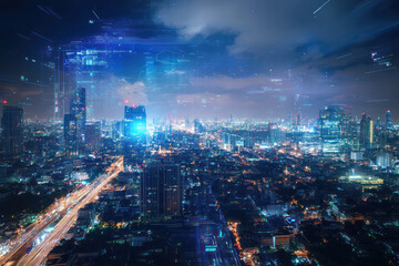 Obraz premium Double exposure of business cityscape at night as business concept