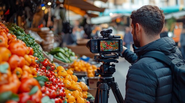 Travel influencers recording a vlog in a vibrant marketplace, exploring the sights, sounds, and local foods