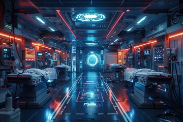 Fototapeta premium Futuristic medical bay with glowing screens and empty beds.