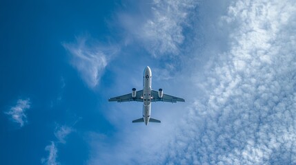 Fototapeta premium A commercial airplane ascending into the clear blue sky with clouds swirling in the background. 