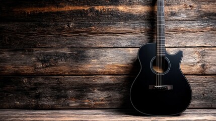 Fototapeta premium A black acoustic guitar sitting on top of a wooden floor
