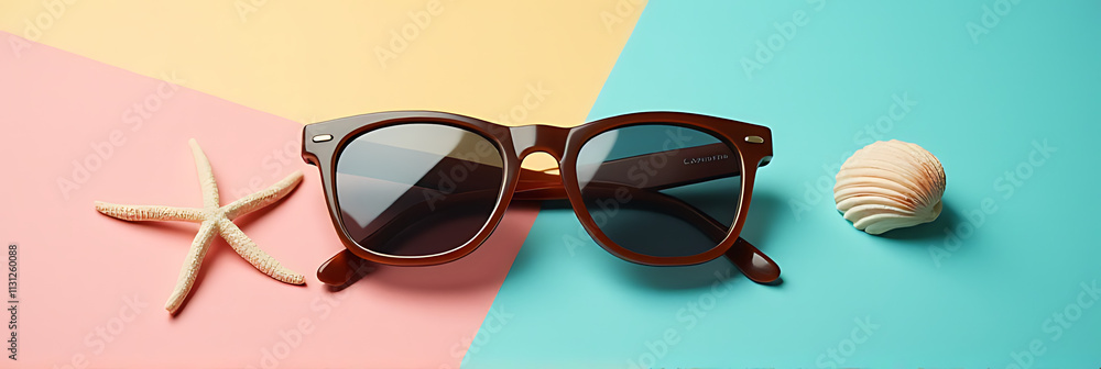 Poster Sunglasses and a seashell sit together on a colorful background creating a visually appealing scene with contrasting textures._00003_