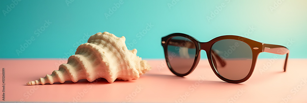 Poster Sunglasses and a seashell sit together on a colorful background creating a visually appealing scene with contrasting textures._00004_