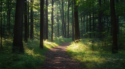 Obraz premium Forest trail with dappled sunlight filtering through the trees