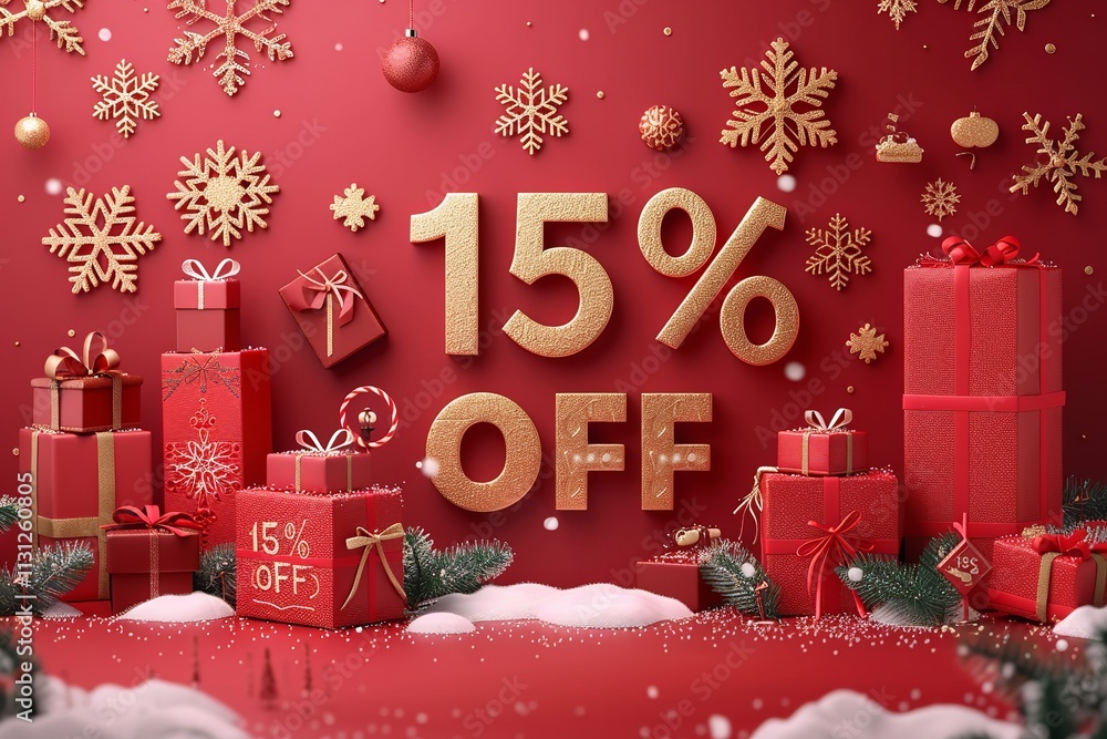 Poster festive shopping is occurring in this 3d winter scene consisting of snowflakes and presents over red
