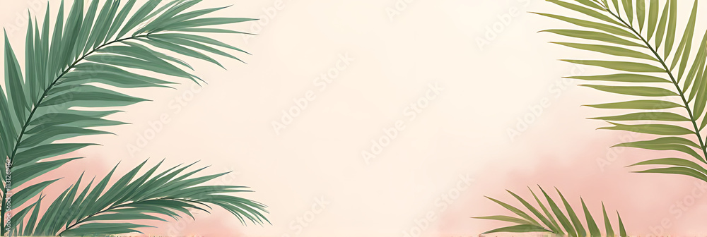 Poster soft pastel hues feature a lush tropical palm leaf pattern on a serene natural background, evoking c
