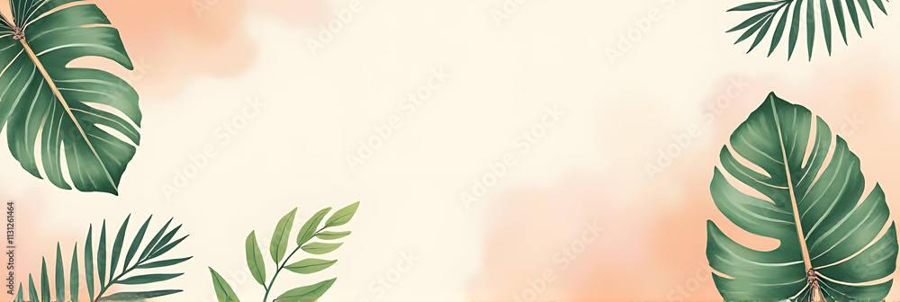 Poster soft pastel hues feature a lush tropical palm leaf pattern on a serene natural background, evoking c