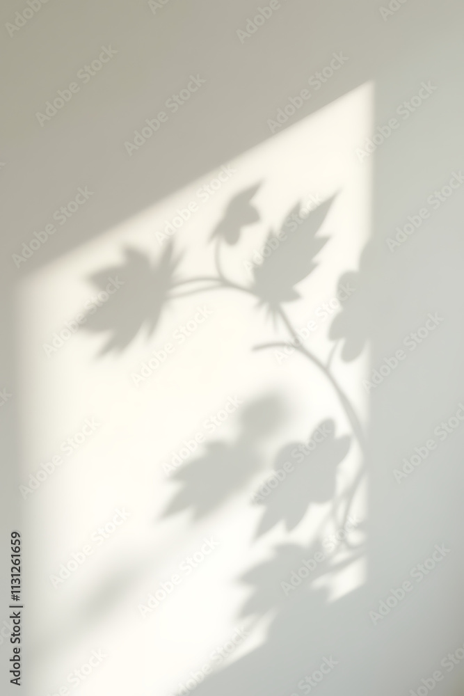 Poster soft filtered light through leafy branches creates a beautiful shadow effect on a white wall suitabl