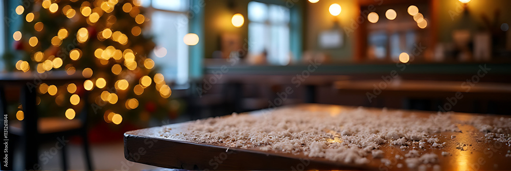 Poster snowflakes gently fall onto an empty wooden table at a quiet cafe near a christmas tree lit up for w