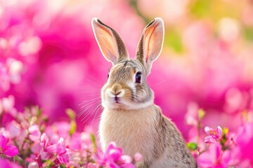 Fototapeta premium Rabbit in pink flower field
