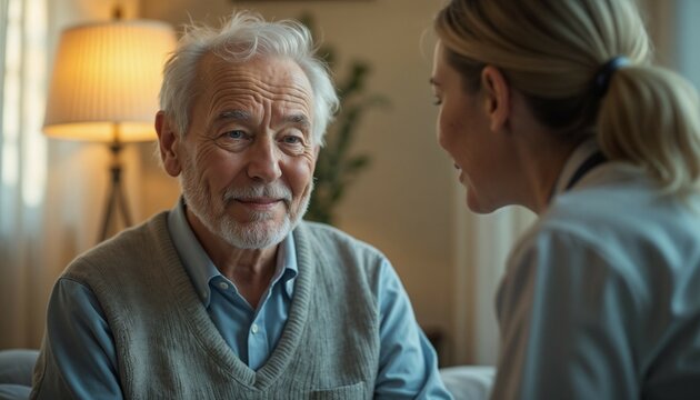 Smiling elderly man enjoying a heartfelt conversation with a compassionate caregiver at home