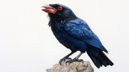 Fototapeta premium Vibrant blue bird perched on a rock, showcasing its striking features