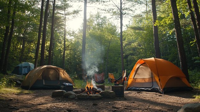 Family camping trip with tents, campfire, and outdoor activities