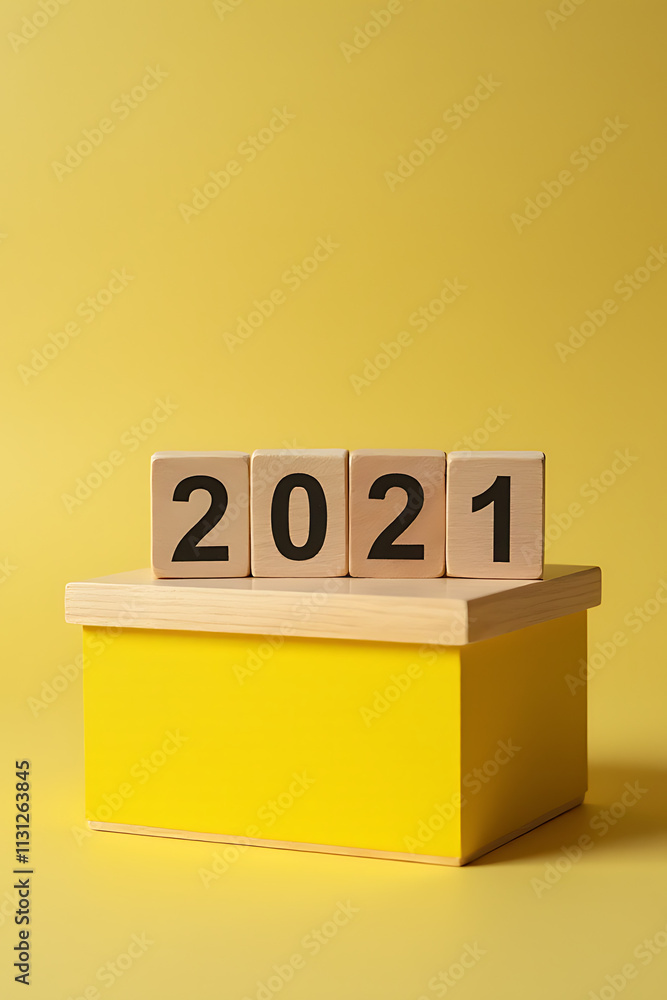 Poster setting a 2021 new year goal involves creating a business resolution and plan on a wooden box with a